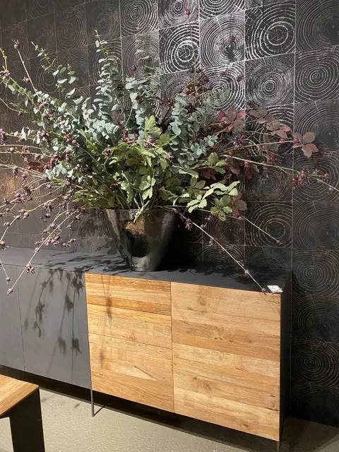 Sideboard Metall Holz, Anrichte Holz, Kommode mit drei Schubladen Teak-Holz, Breite 220 cm