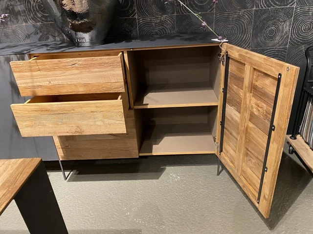 Sideboard Metall Holz, Anrichte Holz, Kommode mit drei Schubladen Teak-Holz, Breite 220 cm