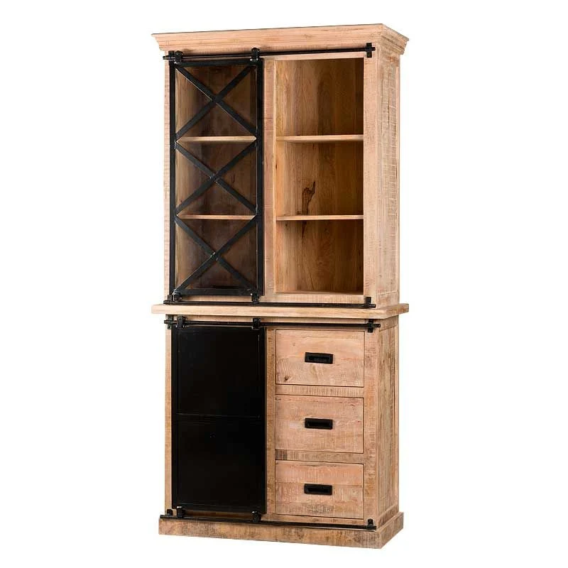 Wohnzimmerschrank Holz Metall, Geschirrschrank Massivholz, Küchenschrank Holz Metall, Breite 95 cm