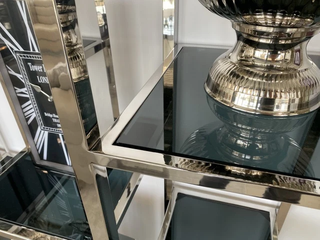 Regal Silber, Bücherregal Silber, Glas-Regal Metall Gestell Silber, Metallregal Silber, Breite 120 cm
