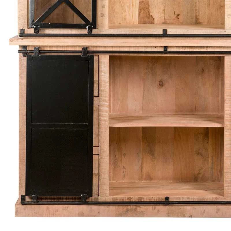 Geschirrschrank Massivholz, Wohnzimmerschrank Holz Metall, Küchenschrank Holz Metall, Breite 200 cm