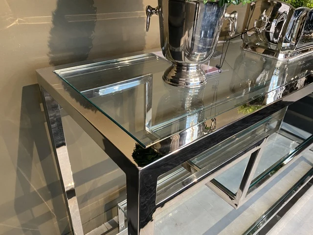 Glaskonsole verchromt, Konsole Silber, Wandtisch Silber, Konsole Metall Silber, Breite 150 cm
