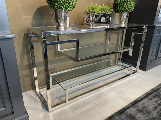Glaskonsole verchromt, Konsole Silber, Wandtisch Silber, Konsole Metall Silber, Breite 150 cm