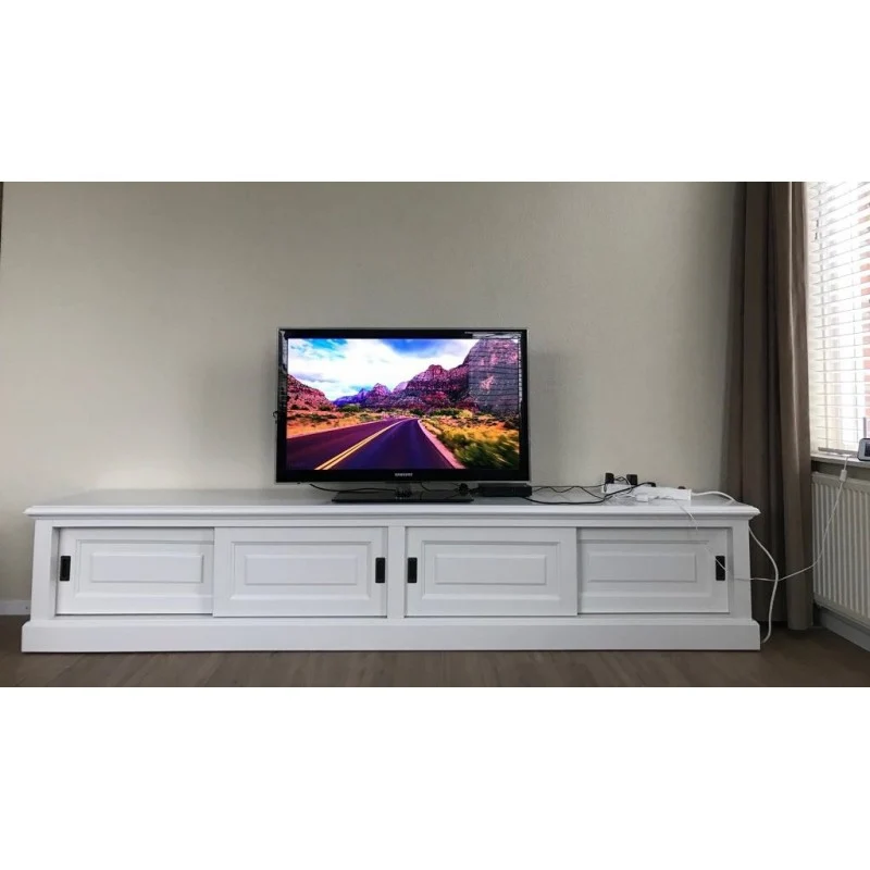 TV Schrank weiß, Lowboard weiß mit Schiebetüren Fernsehschrank weiß Landhaus, Breite 200 cm