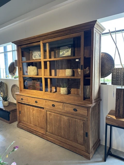 Vitrine Landhaus, Buffetschrank Teakholz, Geschirrschrank Teak, Schrank Massivholz Teak, Breite 200 cm