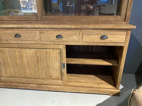 Vitrine Landhaus, Buffetschrank Teakholz, Geschirrschrank Teak, Schrank Massivholz Teak, Breite 200 cm