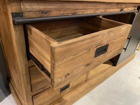 Vitrine Landhaus, Buffetschrank Teakholz, Geschirrschrank Teak, Schrank Massivholz Teak, Breite 180 cm