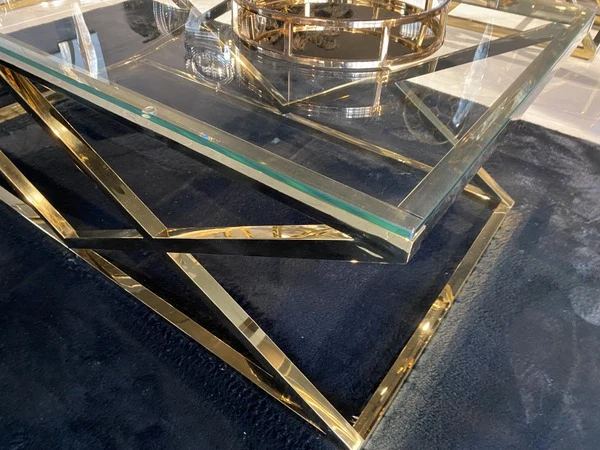 Couchtisch Gold, Glas Couchtisch Gold, Tisch Gold, Breite 130 cm