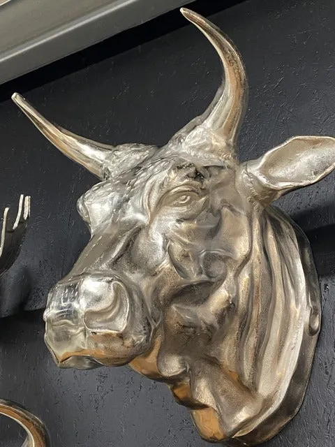 Stierkopf Silber, Deko Stierkopf, Dekorationsobjekt Stier Silber XXL