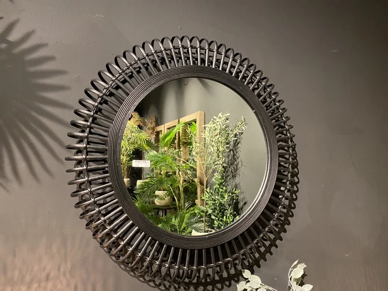 Spiegel schwarz rund Rattan, runder Wandspiegel schwarz Rattan, Maße 79 cm