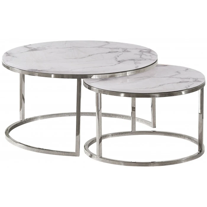 Couchtisch Set Silber, Couchtisch rund Marmoroptik, Couchtisch Marmor Tischplatte, Durchmesser 80 cm