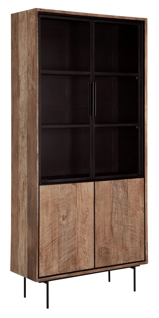 Vitrine Massivholz, Vitrinenschrank Metall-Türen, Geschirrschrank Metall Holz, Breite 100 cm