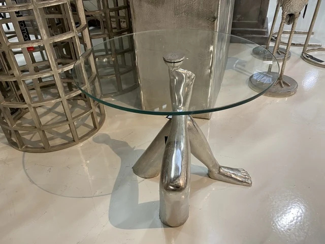 Beistelltisch Silber, runder Beistelltisch Glas Tischplatte, Durchmesser 60 cm