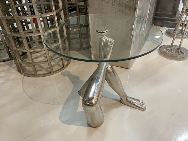 Beistelltisch Silber, runder Beistelltisch Glas Tischplatte, Durchmesser 60 cm