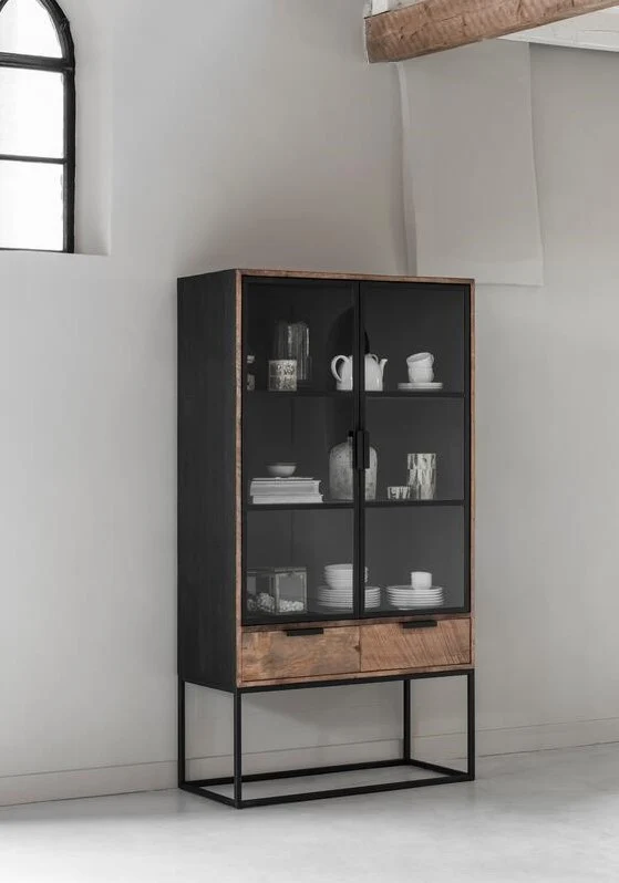 Vitrine schwarz-Naturholz, Geschirrschrank schwarz, Schrank schwarz, Breite 100 cm