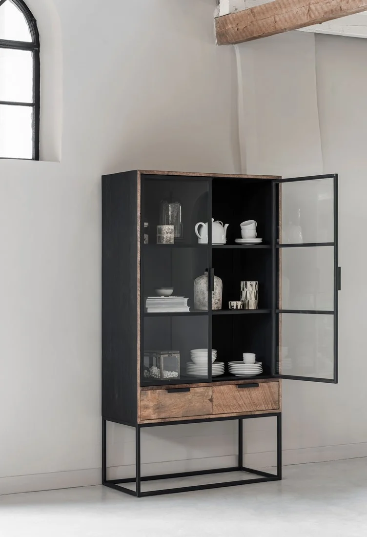 Vitrine schwarz-Naturholz, Geschirrschrank schwarz, Schrank schwarz, Breite 100 cm
