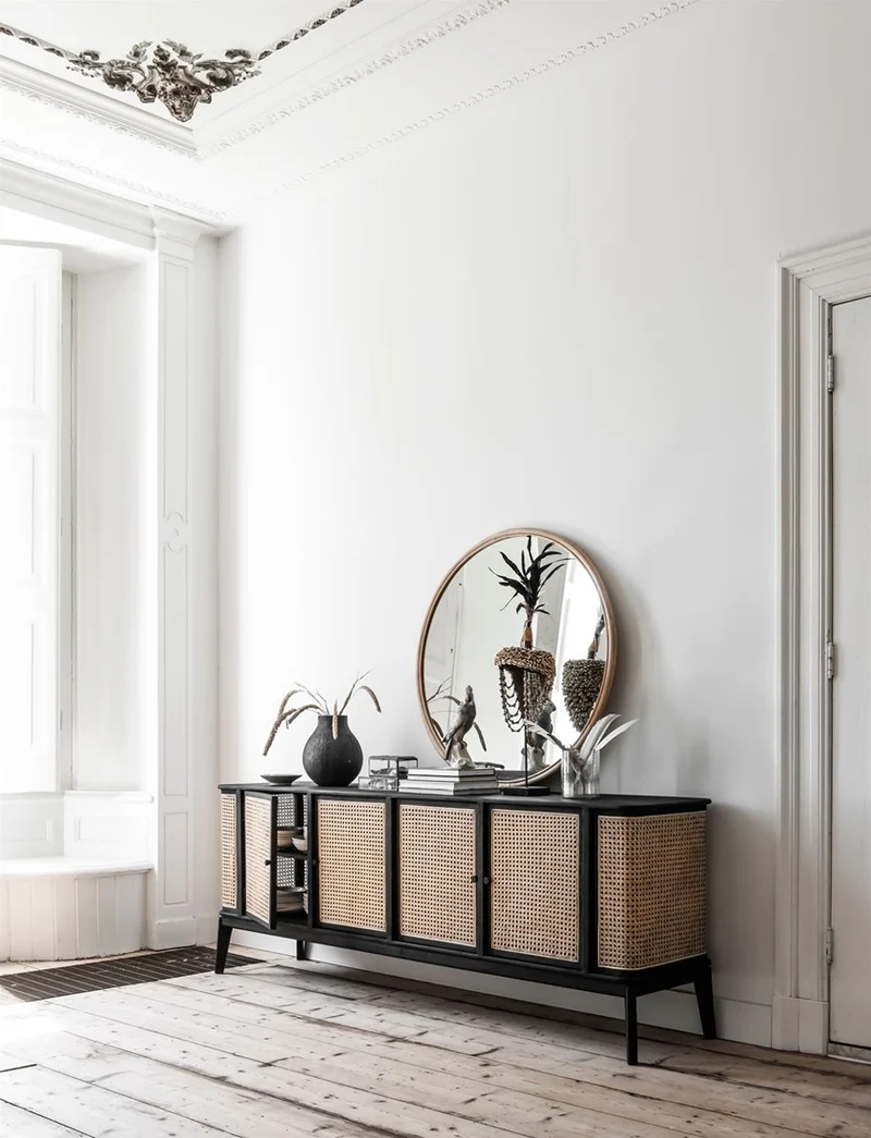 Sideboard schwarz Naturholz, Anrichte Holz Naturholz, Breite 213 cm