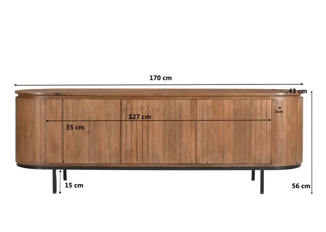 TV Schrank Naturholz halbrunde Ecken, ovaler Fernsehschrank Farbe Naturholz, TV Lowboard Holz, Breite 170 cm