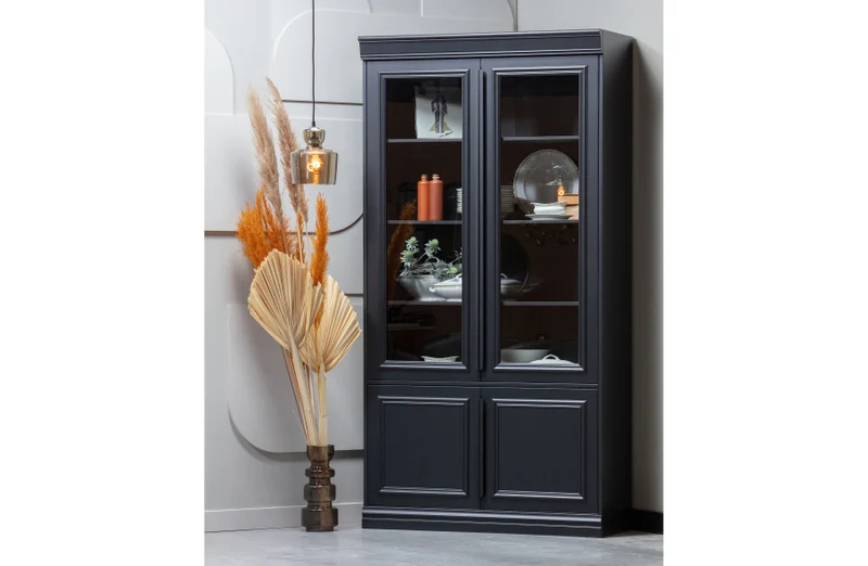 Vitrine schwarz, Geschirrschrank schwarz, Bücherschrank schwarz, Breite 110 cm