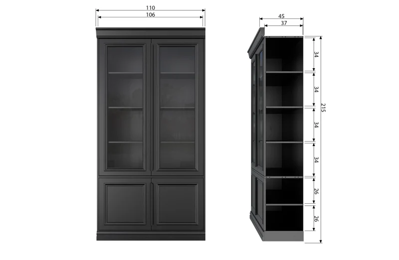 Vitrine schwarz, Geschirrschrank schwarz, Bücherschrank schwarz, Breite 110 cm