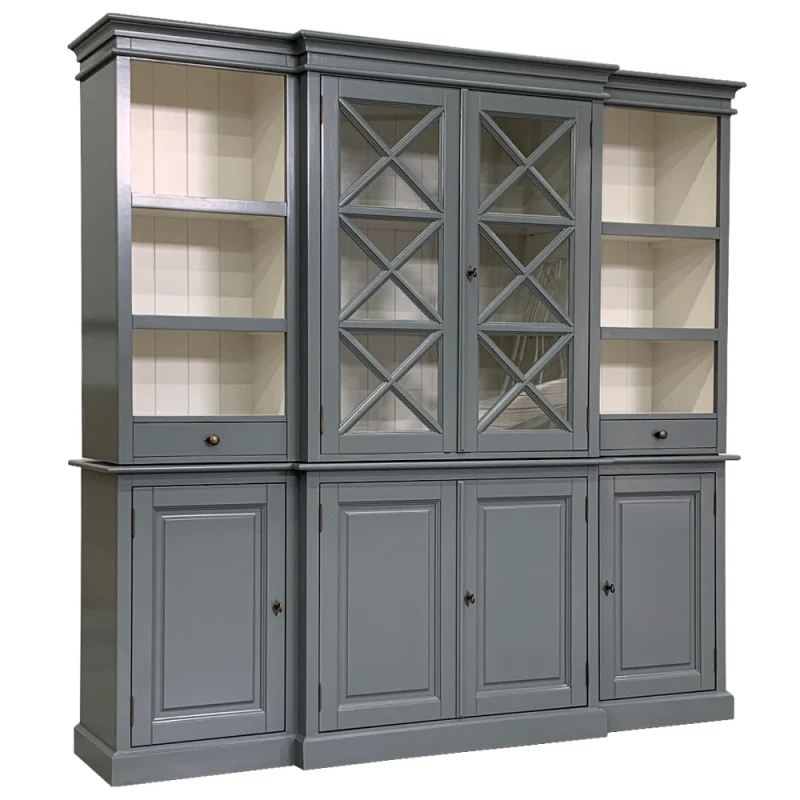 Geschirrschrank grau, Buffetschrank grau, Vitrine grau, Landhaus Küchenschrank grau, Breite 220 cm
