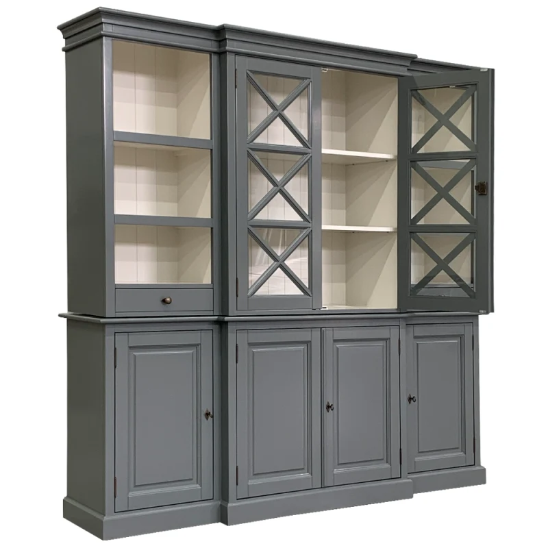 Geschirrschrank grau, Buffetschrank grau, Vitrine grau, Landhaus Küchenschrank grau, Breite 220 cm