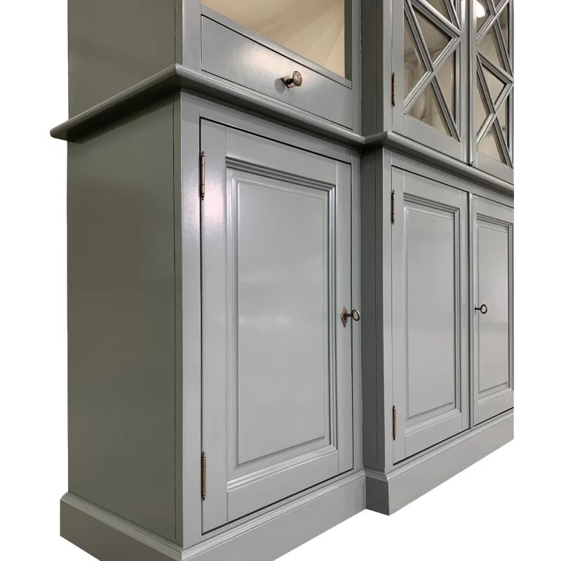Geschirrschrank grau, Buffetschrank grau, Vitrine grau, Landhaus Küchenschrank grau, Breite 220 cm