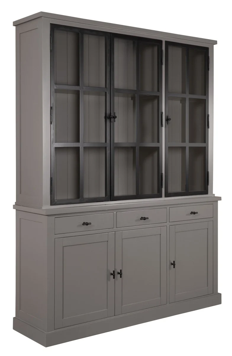 Vitrine grau, Vitrinenschrank grau, Geschirrschrank grau Landhaus, Wohnzimmerschrank grau Landhausstil, Breite 170 cm