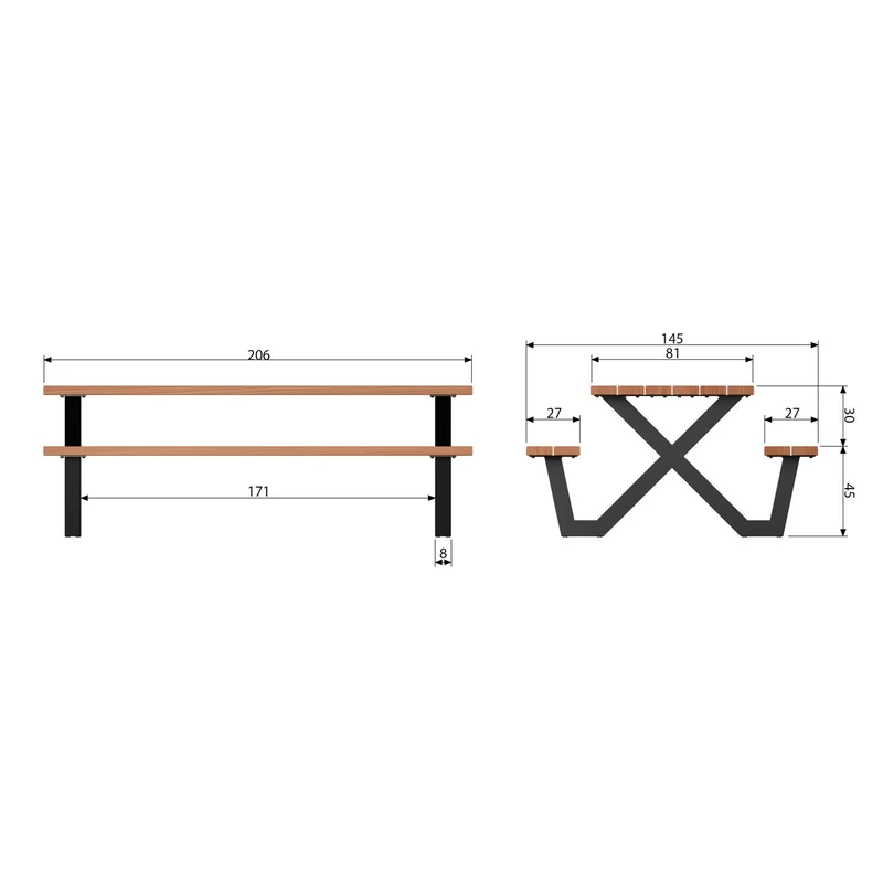 Gartentisch mit Sitzbank braun-beige, Picknick-Sitzgruppe braun, Tisch-Bank beige. Länge 206 cm