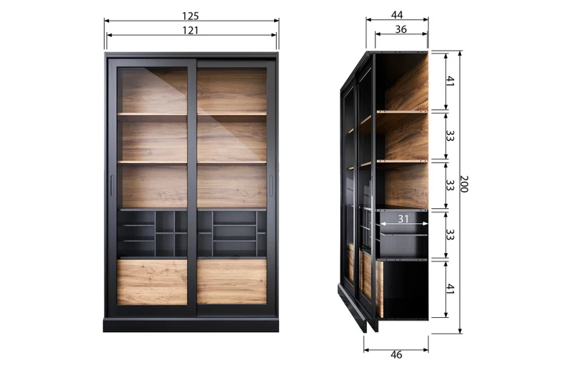 Vitrine schwarz, Geschirrschrank schwarz, Wohnzimmerschrank schwarz, Breite 125 cm