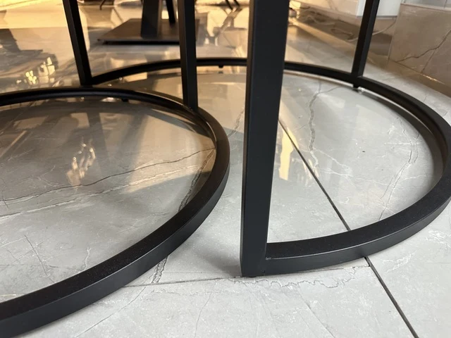 Couchtisch grau-schwarz, Couchtisch rund graue Tischplatte, 2er Set, Maße 70-90 cm
