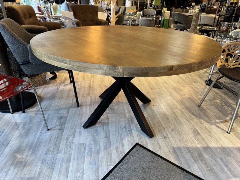 Esstisch rund Holz Metall, Tisch rund Massivholz Tischplatte, Durchmesser 100 cm