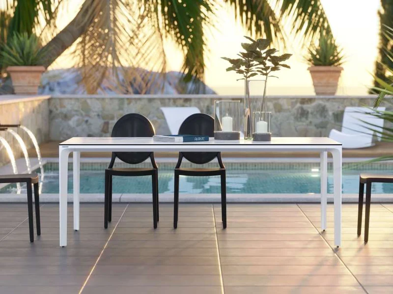 Outdoor Esstisch Farbe Eiche, Gartentisch weiß-Eiche Marmoroptik, Keramik Gartentisch weiß, Maße 200 cm
