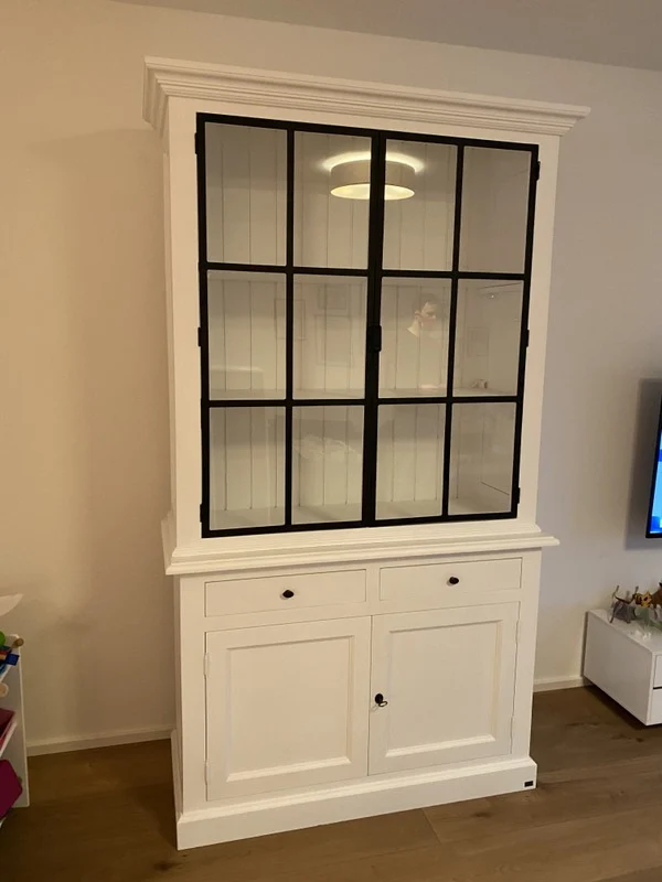Vitrine weiß, Geschirrschrank weiß Massivholz, Küchenschrank weiß Landhaus, Breite 130 cm