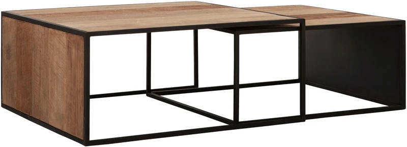 Couchtisch schwarz Naturholz-braun, 2er Set Couchtisch Holz Metall, Breite 80 cm