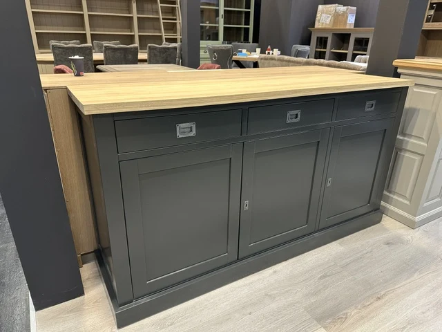 Sideboard anthrazit mit Eiche-Natur Platte, Anrichte anthrazit Eiche massiv Platte, Breite 200 cm