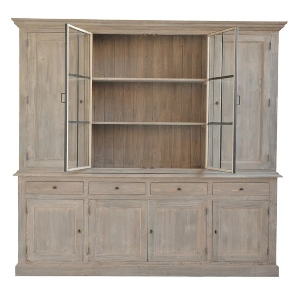 Geschirrschrank Naturholz-grau Landhausstil, Wohnzimmerschrank Massivholz Landhaus, Vitrine Landhaus Metall-Glas-Türen, Breite 237 cm