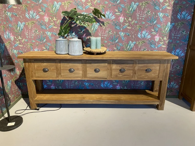 Konsole Teakholz, Anrichte Massivholz, Wandtisch Holz, Breite 250 cm