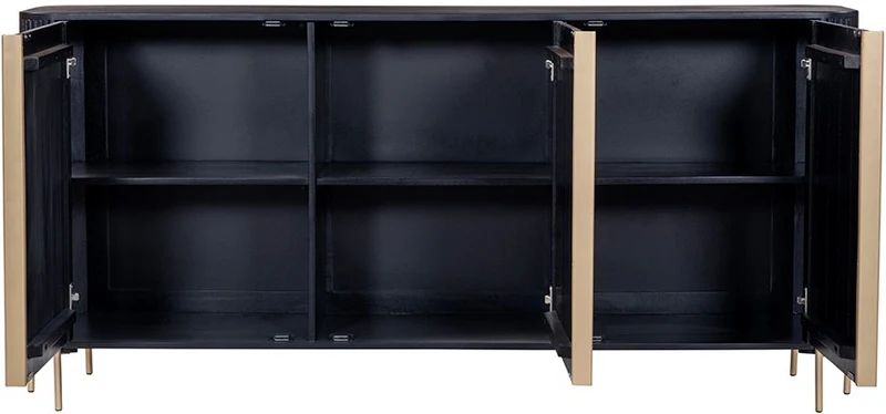 Sideboard schwarz-Gold Massivholz, Anrichte schwarz Holz, Sideboard Holz schwarz, Breite 180 cm