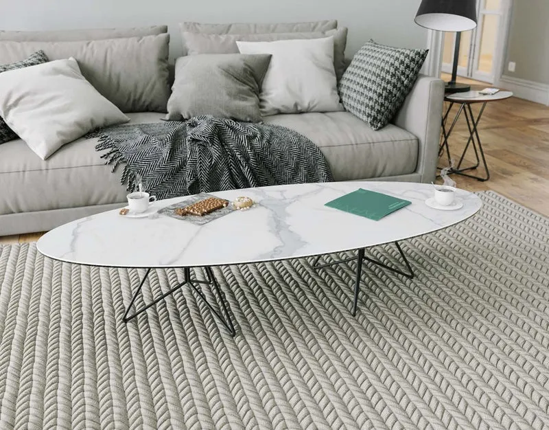 Couchtisch oval Marmoroptik, ovaler Couchtisch Keramik-Tischplatte, Breite 145 cm