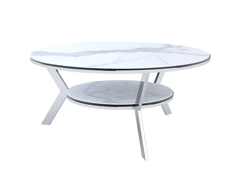 Couchtisch weiß rund, runder Couchtisch Keramik-Glas Tischplatte Marmoroptik, Durchmesser 90 cm