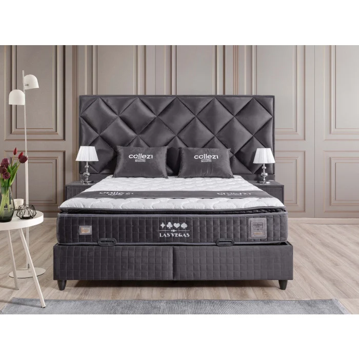 Gepolstertes Bett mit Matratze und Kopfteil, Bett grau mit Kopfteil, Breite 180 cm