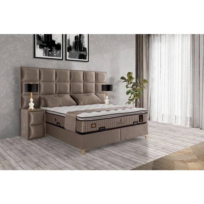Gepolstertes Bett mit Matratze und Kopfteil, Bett taupe mit Kopfteil, Breite 180 cm