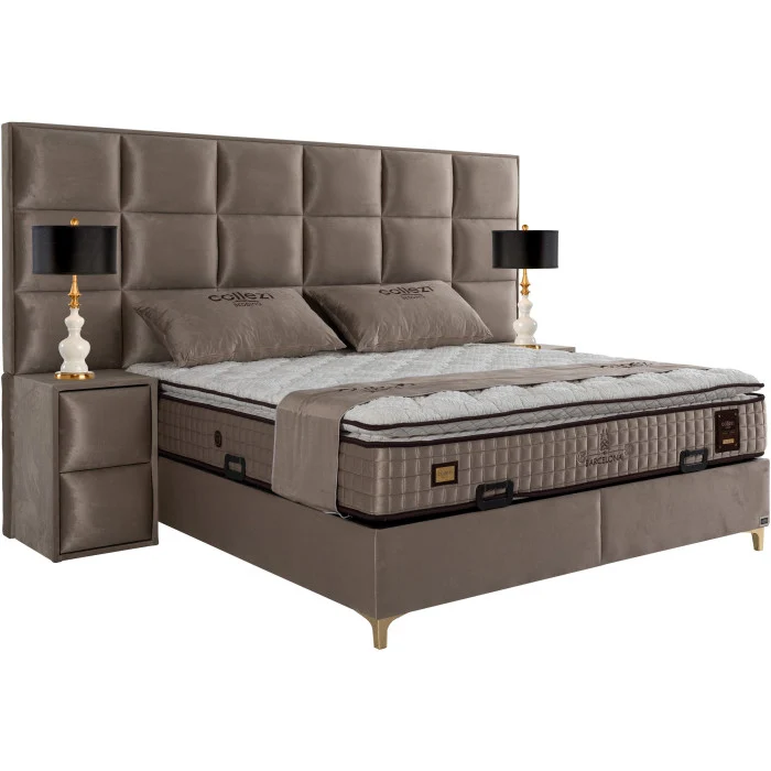 Gepolstertes Bett mit Matratze und Kopfteil, Bett taupe mit Kopfteil, Breite 180 cm