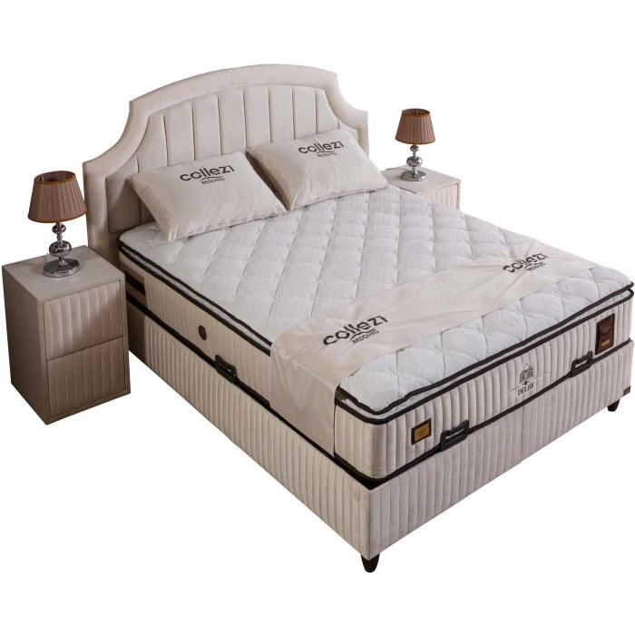 Gepolstertes Bett mit Matratze und Kopfteil, Bett beige mit Kopfteil, Breite 180 cm