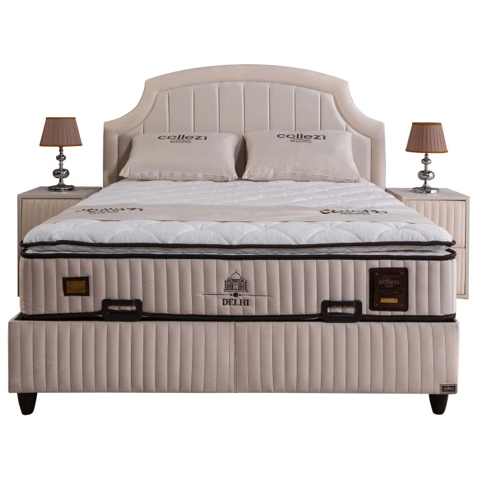 Gepolstertes Bett mit Matratze und Kopfteil, Bett beige mit Kopfteil, Breite 180 cm