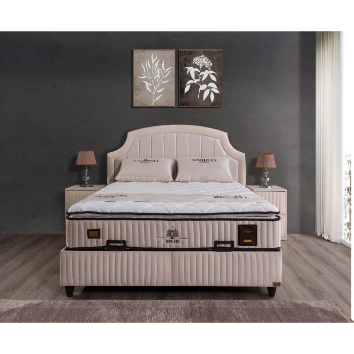 Gepolstertes Bett mit Matratze und Kopfteil, Bett beige mit Kopfteil, Breite 180 cm