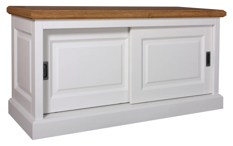 TV Schrank weiß mit Eiche-Platte, Fernseheschrank weiß Landhaus, TV Board weiß, Breite 120 cm
