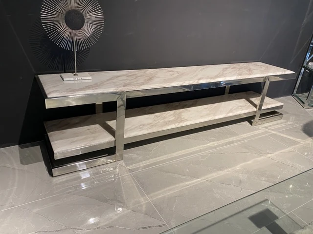 TV Regal Marmor Metall, Fernsehregal Silber, Fernsehschrank verchromtes Gestell, Breite 160 cm