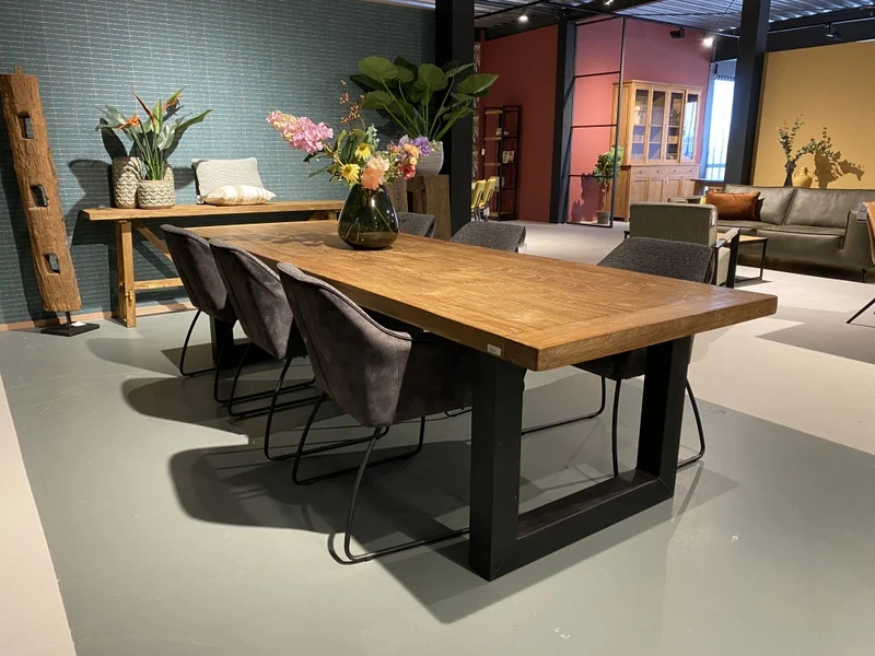 Tisch oval Teak-Tischplatte, ovaler Esstisch Metall-Gestell, Esstisch Teak, Breite 240 cm